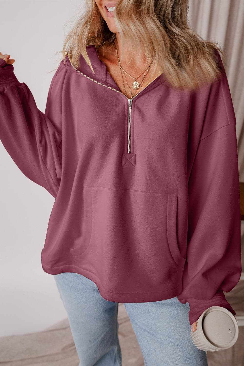 Casual half zip hoodie with pockets - Love Salve